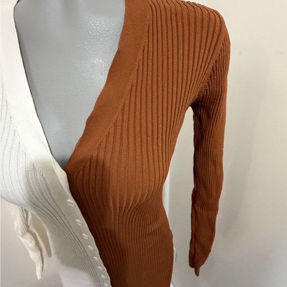 STAUD Long Sleeve Ribbed Dress in Cream and Brown - Picture 3 of 7